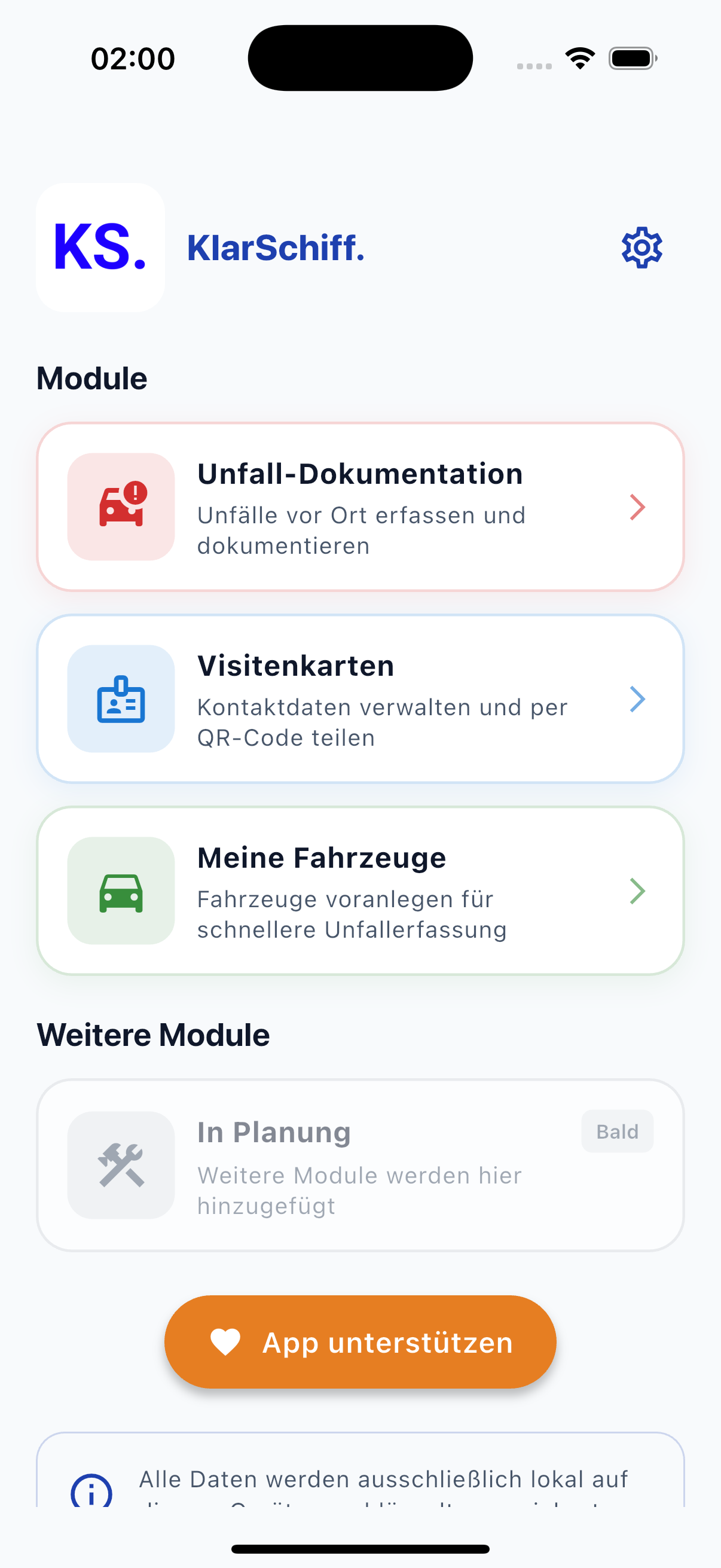 KlarSchiff App Screenshot - Startbildschirm
